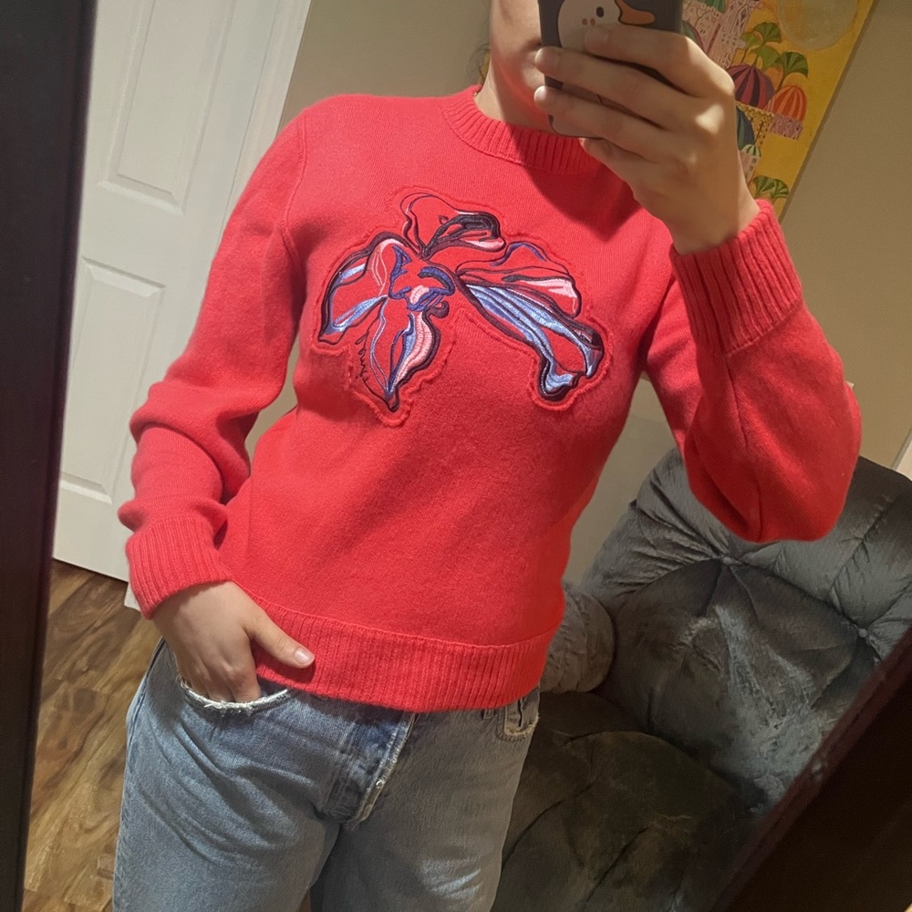 Lewit Cashmere Red Sweater with Floral Design